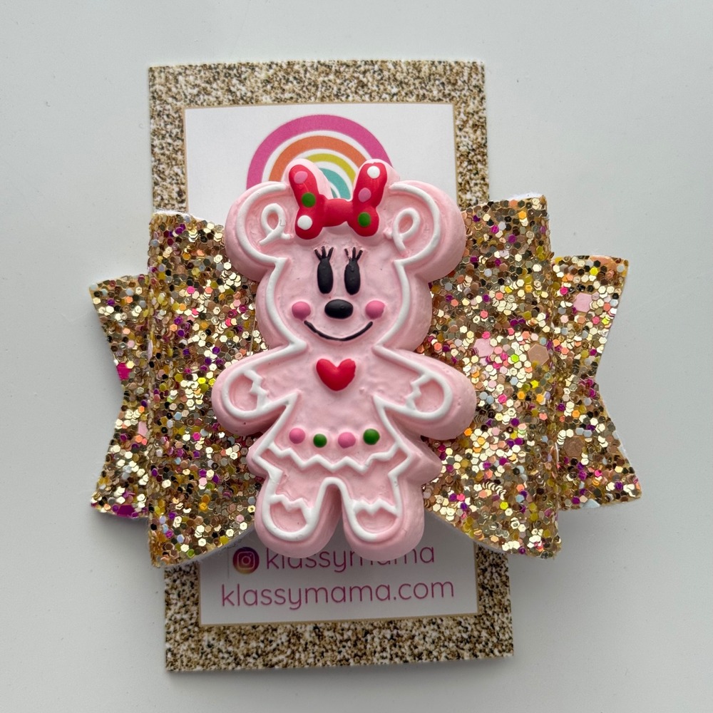Klass Christmas Pink Gingerbread Minnie Inspired Gold Glitter Hair Bow Clip